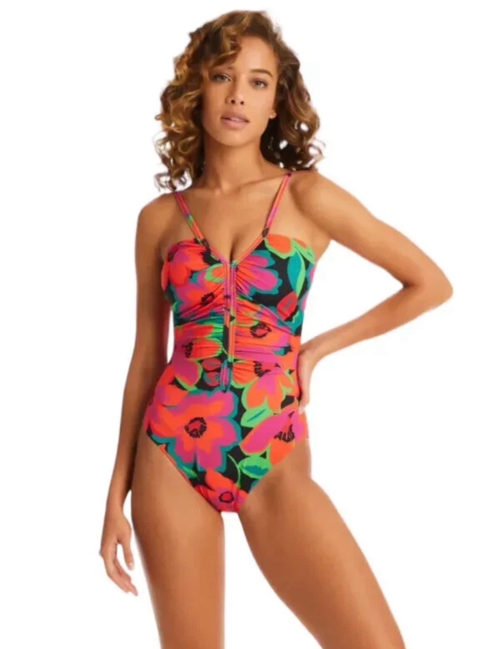 Sanctuary Gardener Shirred Floral One-Piece Swimsuit - Red, Pink, Green